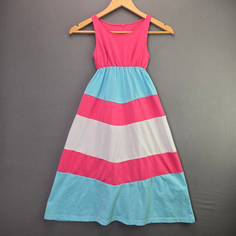 Unbranded Girls Maxi Dress Colorblock Pink Blue White Size 140 Cotton Sleeveless